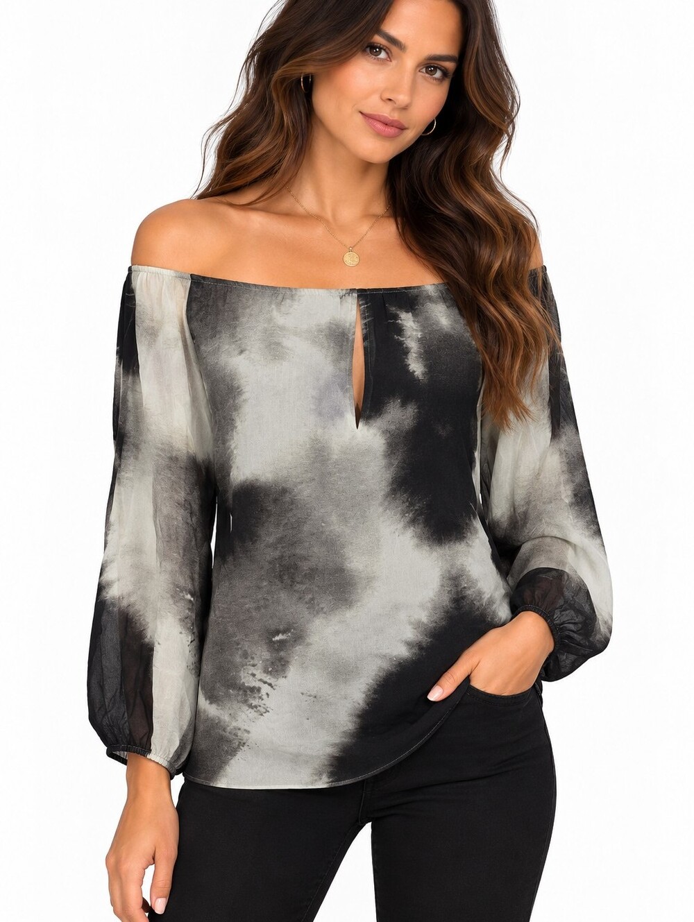 Alice + Olivia 100% Silk Off The Shoulder Blouse Abstract Gray Black M